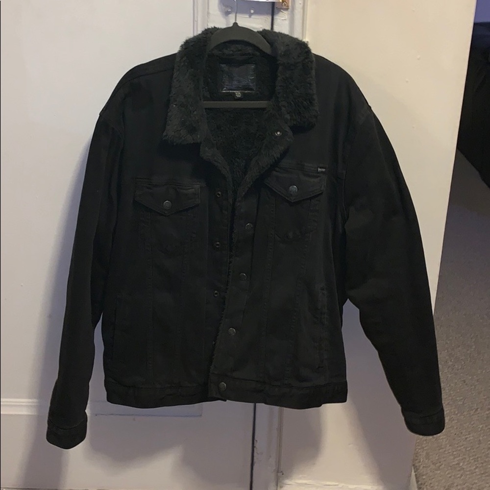Luckybrand black sherpa lined denim trucker jacket